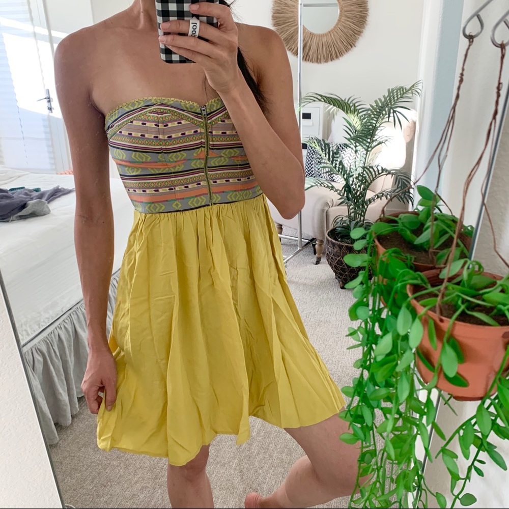 🪴$5/25🪴 Xhilaration Yellow Southwestern Print Strapless Zip Babydoll Dress Small